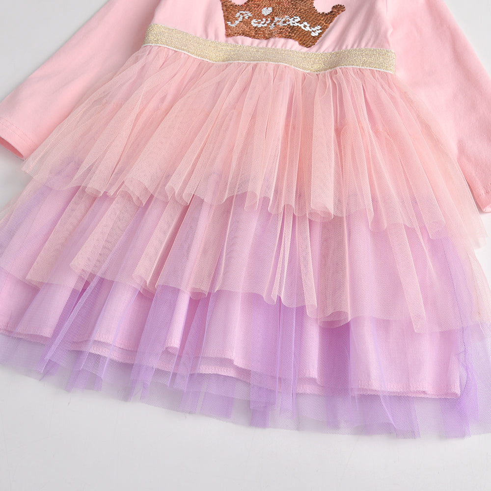 Princess Crown Sequined Soft Layered Tulle Toddler Girl Dress for School Party Brithday