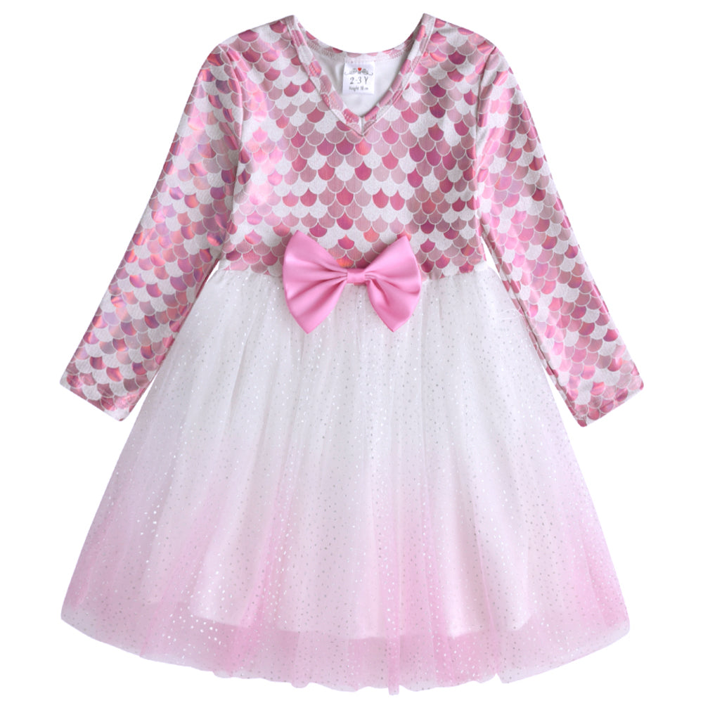 Pink Mermaid Pattern with Butterfly Bow Princess Toddler Tutu Girl Long Sleeve Dress