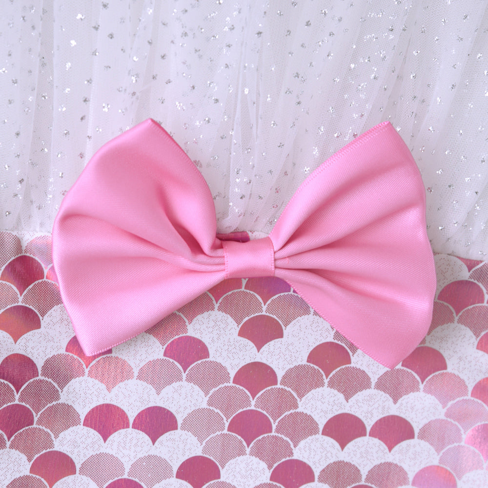 Pink Mermaid Pattern with Butterfly Bow Princess Toddler Tutu Girl Long Sleeve Dress
