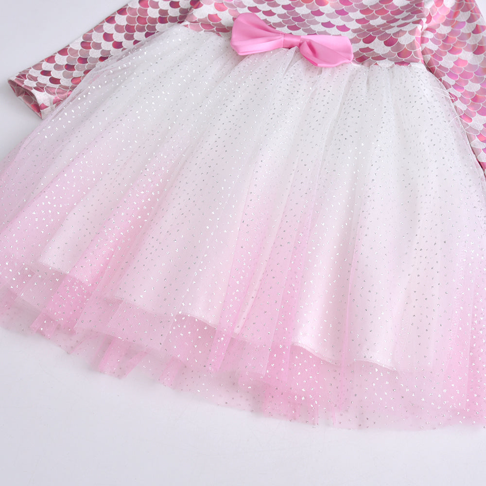 Pink Mermaid Pattern with Butterfly Bow Princess Toddler Tutu Girl Long Sleeve Dress