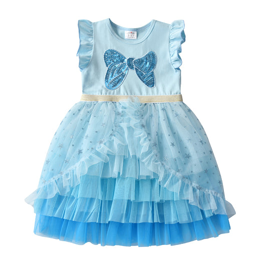 2Y-8Y Girls Party Dress Sequins Bowknot Layers Tulle Short Sleeve Tutu Dress