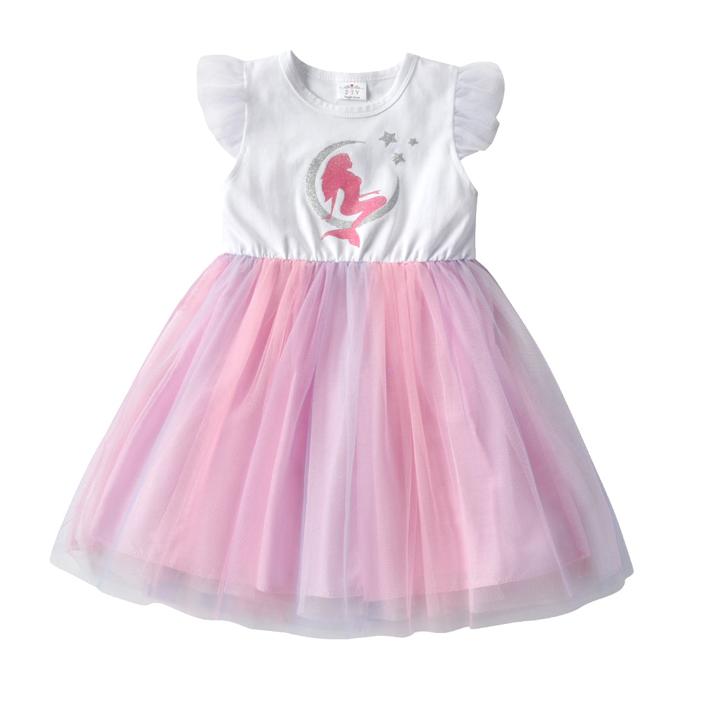 2Y-8Y Girls Short Sleeve Tutu Dress Sparkle Mermaid Pattern Pink Tulle Dress