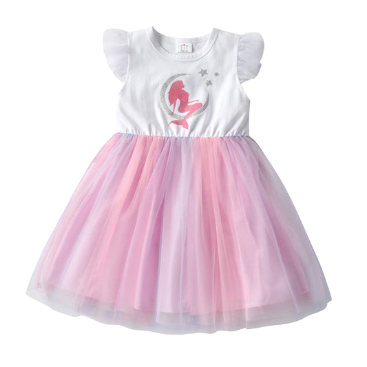 2Y-8Y Girls Short Sleeve Tutu Dress Sparkle Mermaid Pattern Pink Tulle Dress