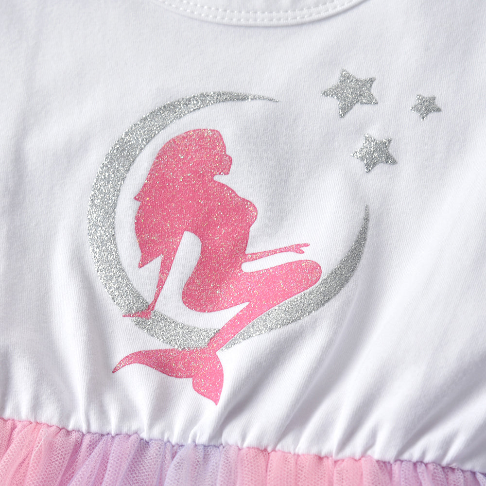 2Y-8Y Girls Short Sleeve Tutu Dress Sparkle Mermaid Pattern Pink Tulle Dress