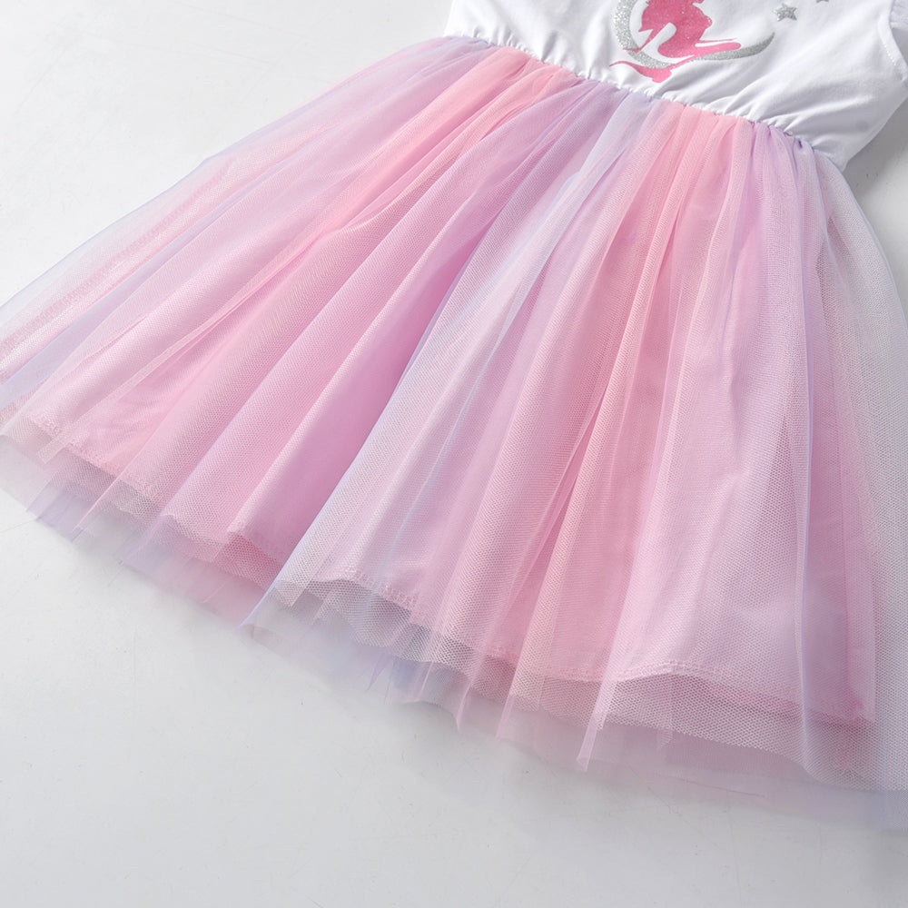 2Y-8Y Girls Short Sleeve Tutu Dress Sparkle Mermaid Pattern Pink Tulle Dress