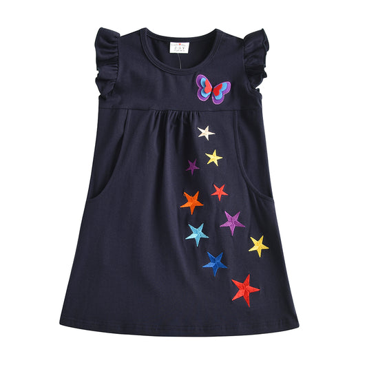 Colorful Star Pattern A-Line Toddler Summer Short Sleeve Girl Casual Dress