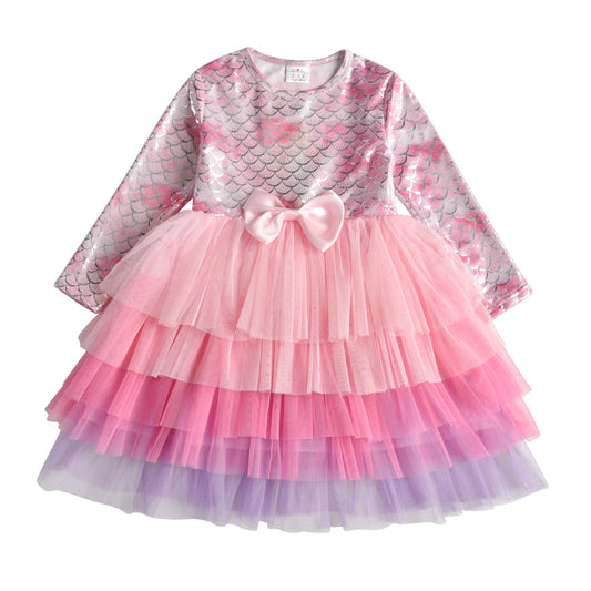 2-8Y Pink Princess Mermaid Pattern Bowknot Tulle Tutu Dress for Girls Toddler
