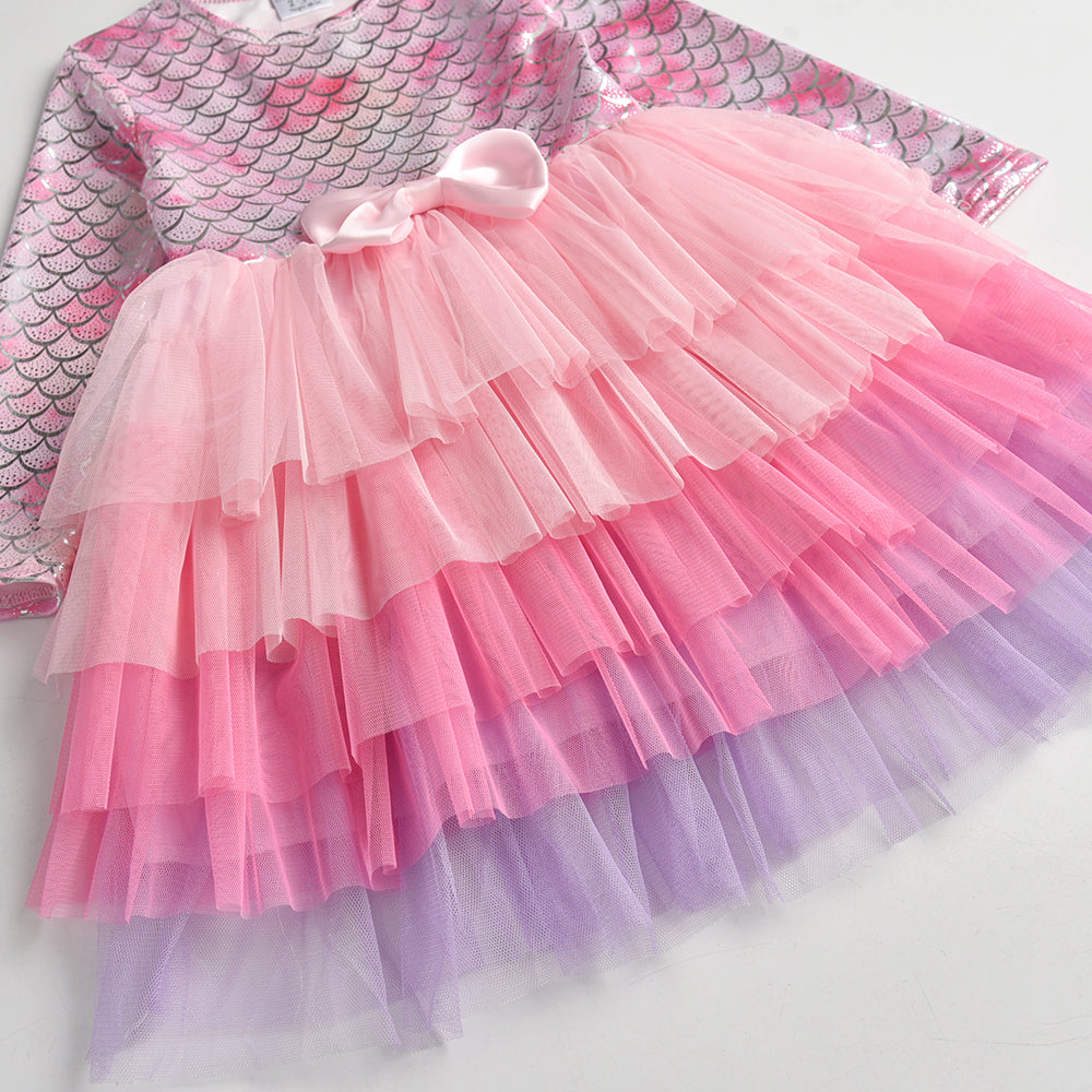 2-8Y Pink Princess Mermaid Pattern Bowknot Tulle Tutu Dress for Girls Toddler