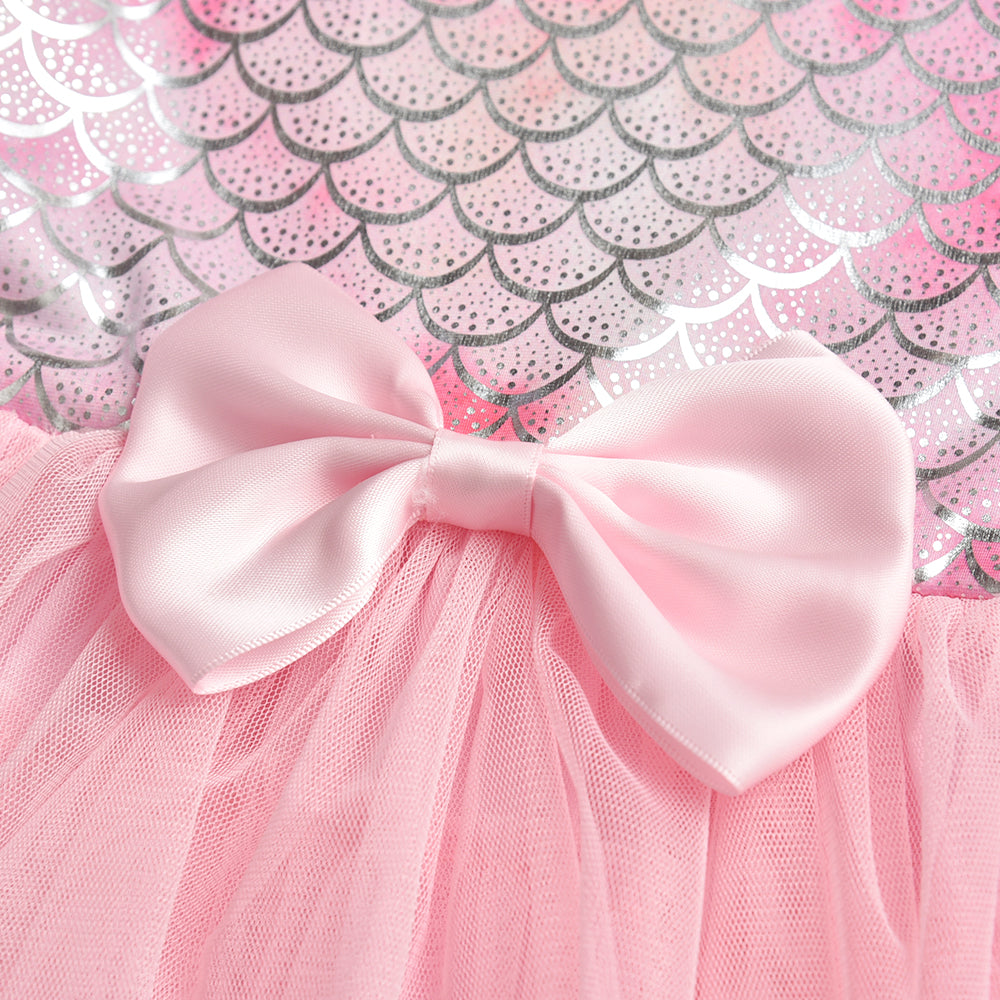 2-8Y Pink Princess Mermaid Pattern Bowknot Tulle Tutu Dress for Girls Toddler