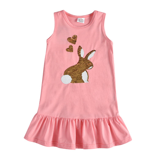 2Y-8Y Girls Sleeveless Casual Dress Sequins Rabbit with Heart Pink Ruffle Dress