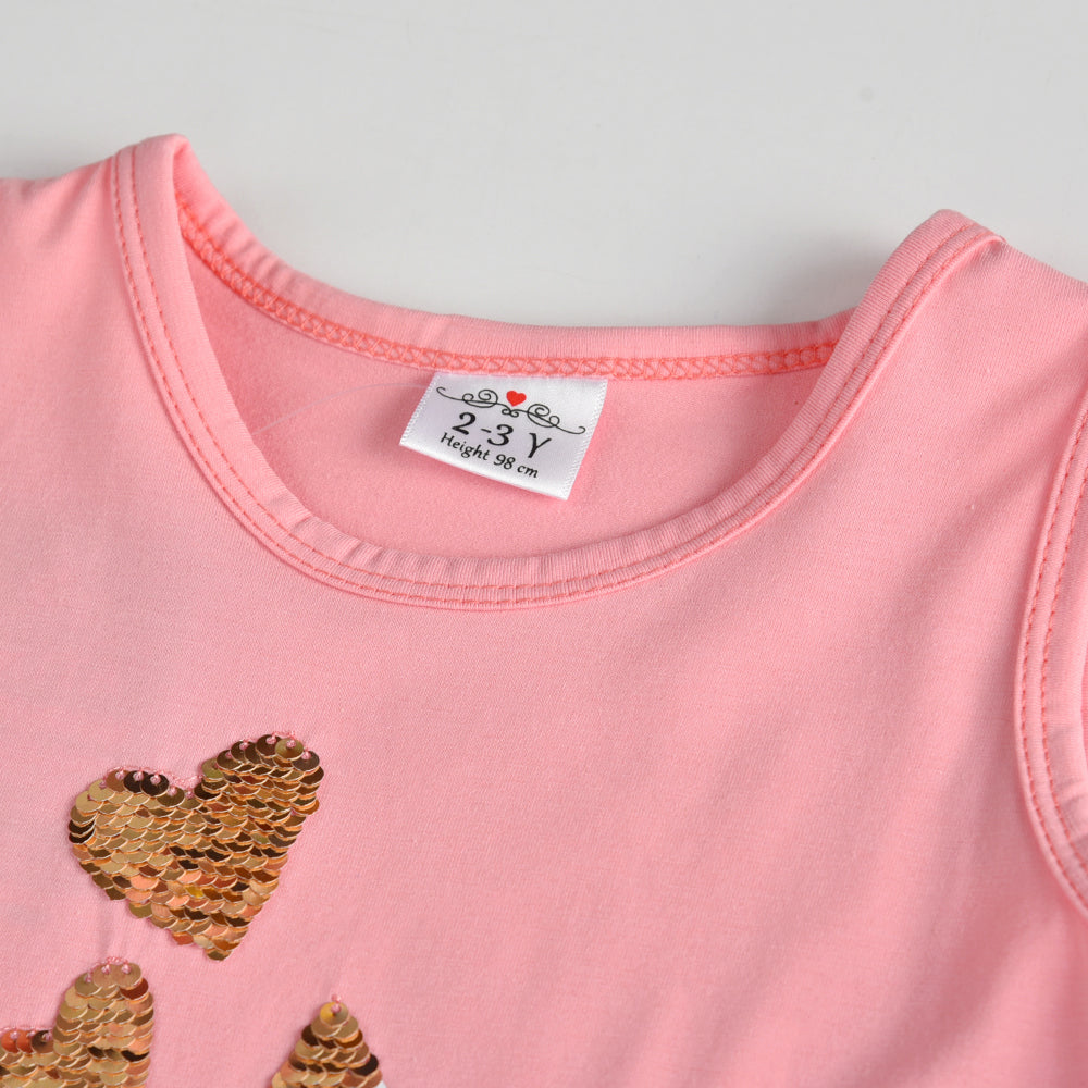 2Y-8Y Girls Sleeveless Casual Dress Sequins Rabbit with Heart Pink Ruffle Dress