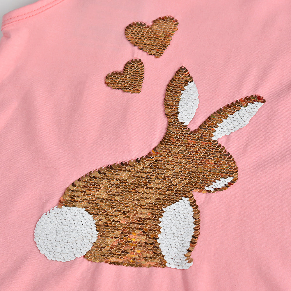 2Y-8Y Girls Sleeveless Casual Dress Sequins Rabbit with Heart Pink Ruffle Dress