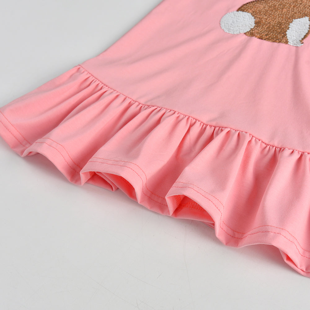 2Y-8Y Girls Sleeveless Casual Dress Sequins Rabbit with Heart Pink Ruffle Dress