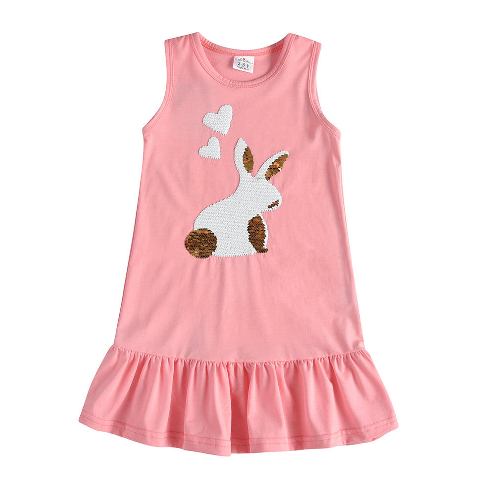 2Y-8Y Girls Sleeveless Casual Dress Sequins Rabbit with Heart Pink Ruffle Dress
