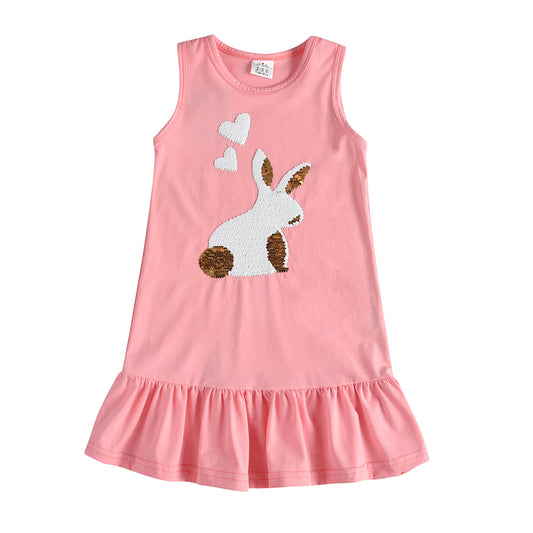 2Y-8Y Girls Sleeveless Casual Dress Sequins Rabbit with Heart Pink Ruffle Dress