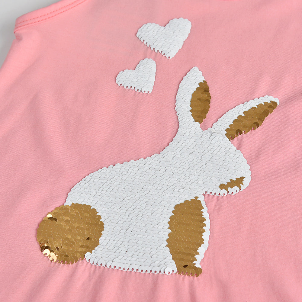 2Y-8Y Girls Sleeveless Casual Dress Sequins Rabbit with Heart Pink Ruffle Dress