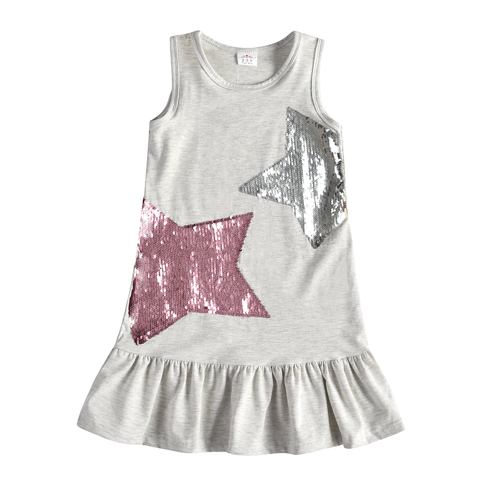 Star Sequined Toddler Summer Cotton Girl Dress for School Wear