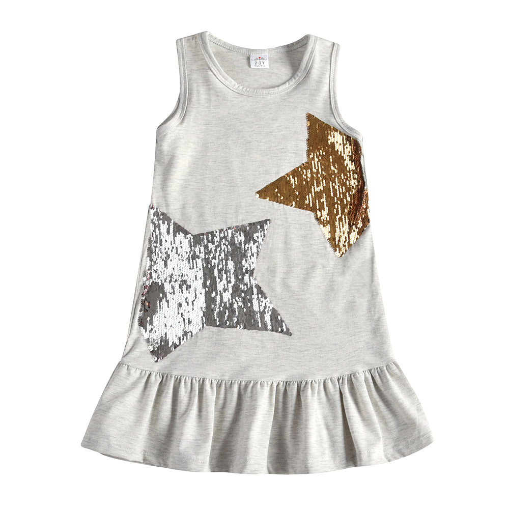 Star Sequined Toddler Summer Cotton Girl Dress for School Wear