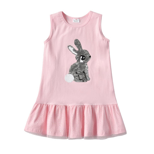 2Y-8Y Girls Sleeveless Casual Dress Sequins Sparkle Rabbit Pink Tulle Hem Girls Summer Dress