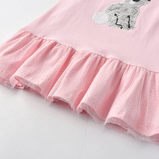 2Y-8Y Girls Sleeveless Casual Dress Sequins Sparkle Rabbit Pink Tulle Hem Girls Summer Dress