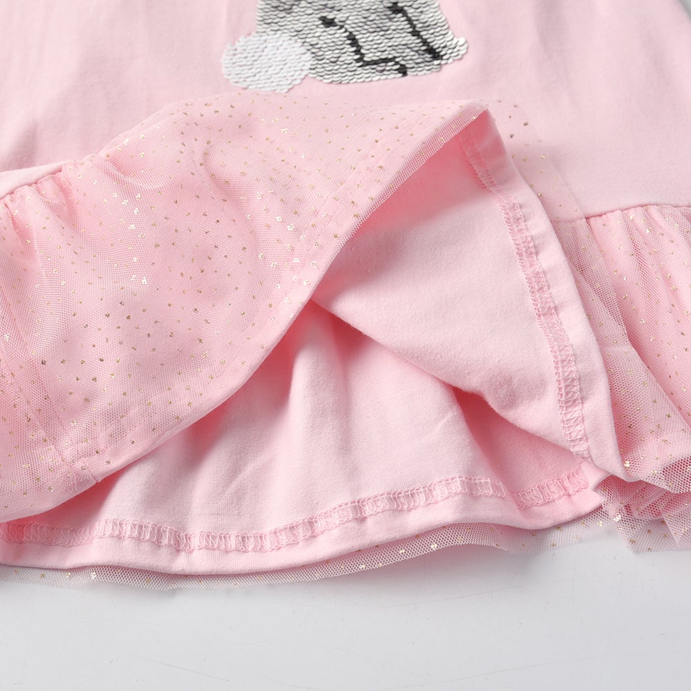 2Y-8Y Girls Sleeveless Casual Dress Sequins Sparkle Rabbit Pink Tulle Hem Girls Summer Dress