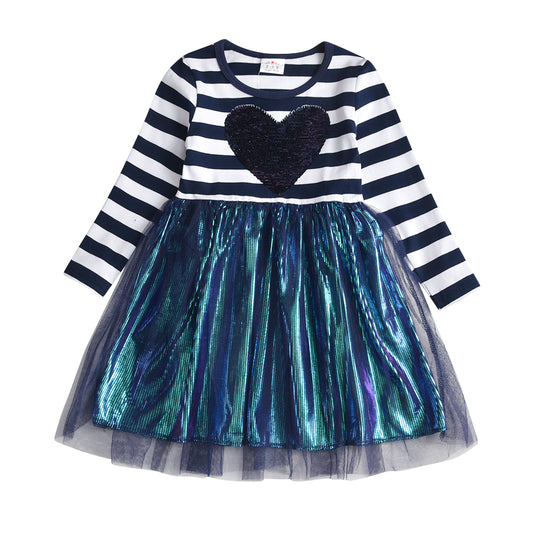2-8Y Love Sequins Color Block Blue Long Sleeve Tulle Tutu Dress for Girs Toddler