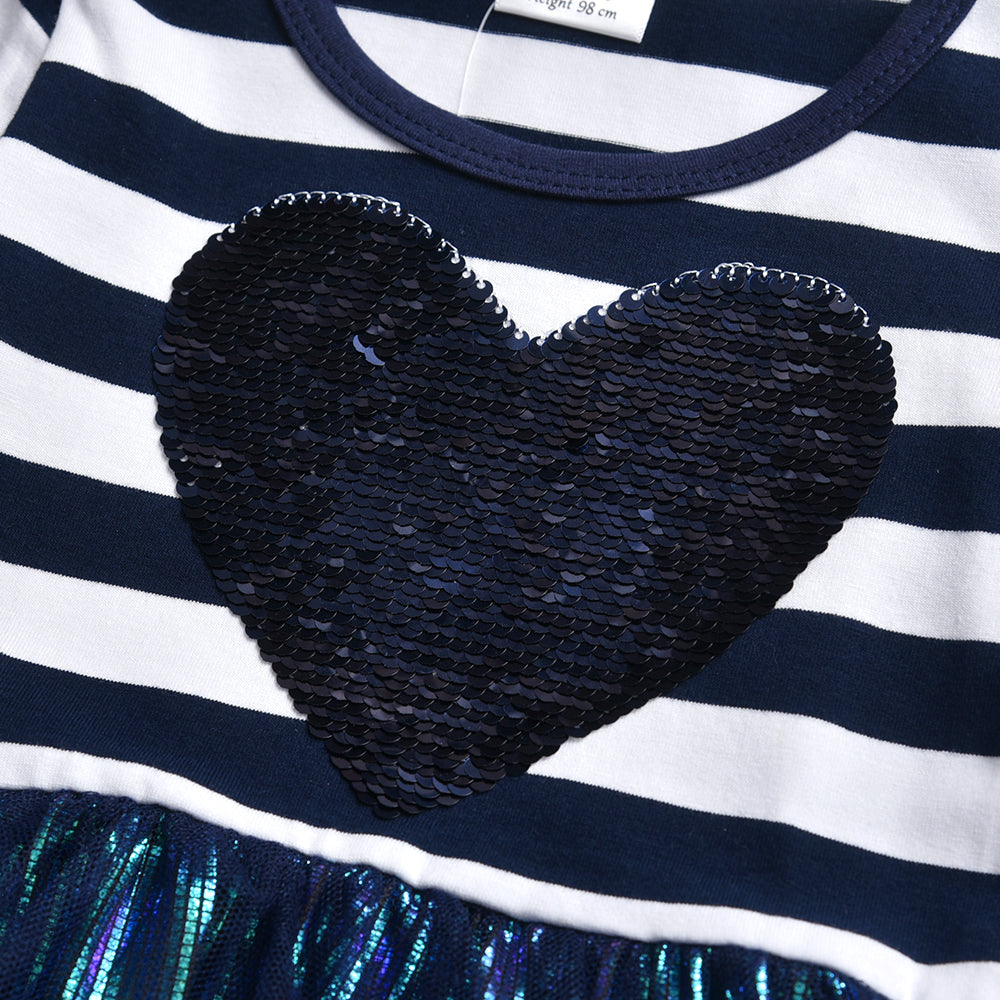 2-8Y Love Sequins Color Block Blue Long Sleeve Tulle Tutu Dress for Girs Toddler
