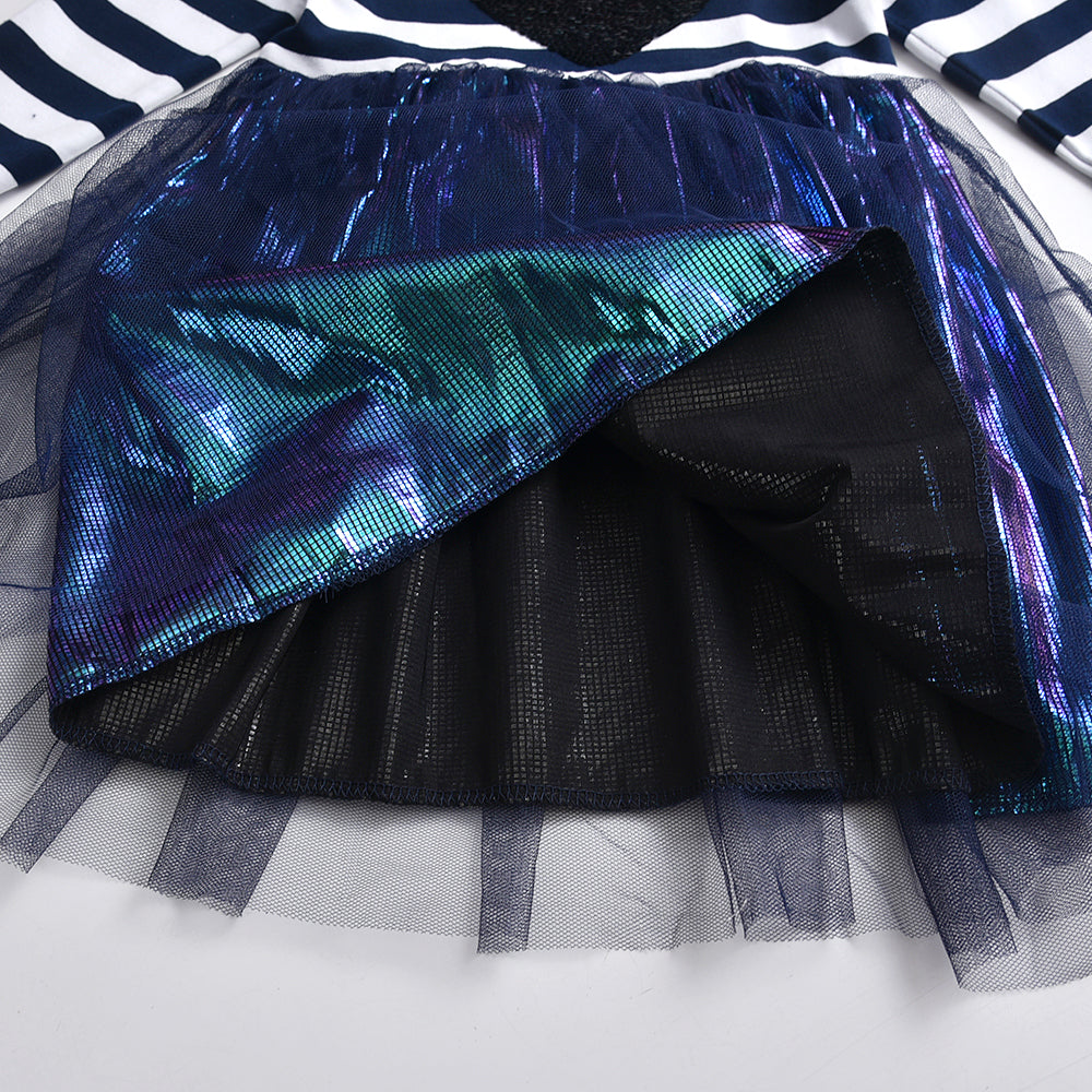 2-8Y Love Sequins Color Block Blue Long Sleeve Tulle Tutu Dress for Girs Toddler