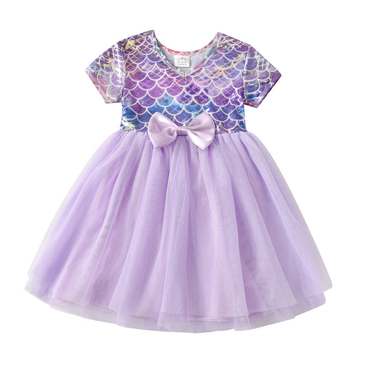 Purple Bridesmaid Printed Butterfly Bow Toddler Tutu Girl Dress for Prom Brithday Party