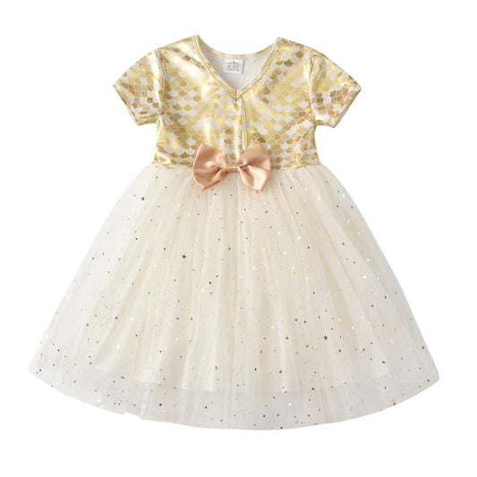 Vikita Yellow Mermaid Print Bowknot Tulle Dress for Toddler Girls 3-8T
