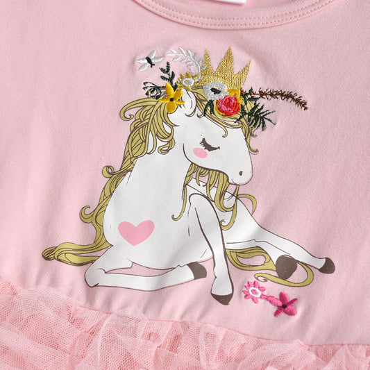 Unicorn Tulle Girl Toddler Long Sleeve Dress for Birthday Party