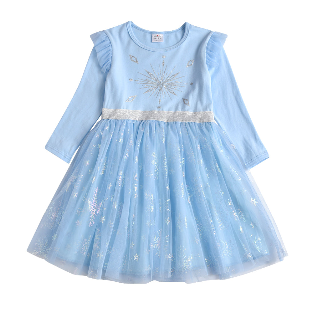 Blue Snow Pattern Toddler Solf Tulle Tutu Girls Dress for Fall