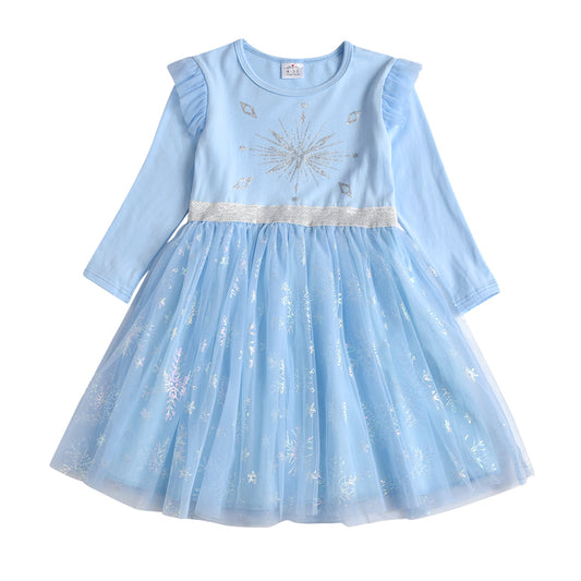 Blue Snow Pattern Toddler Solf Tulle Tutu Girls Dress for Fall