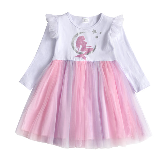 Mermaid Printed Pink Tulle Long Sleeve Tutu Dress for Toddler