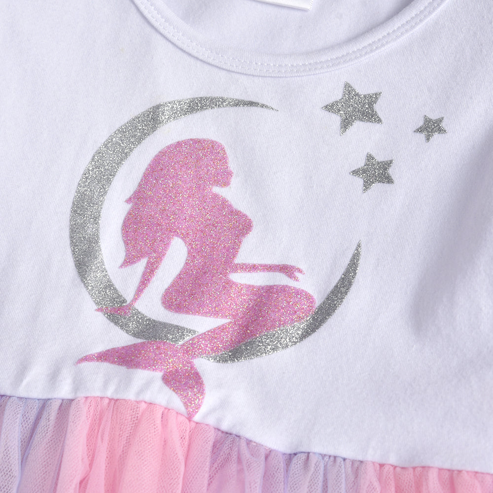 Mermaid Printed Pink Tulle Long Sleeve Tutu Dress for Toddler