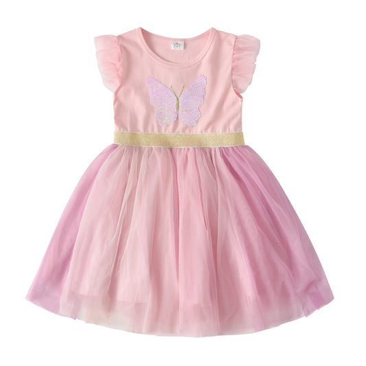 Princess Style Butterfly Beads Toddler Summer Tutu Girl Dress for Brithday Gift