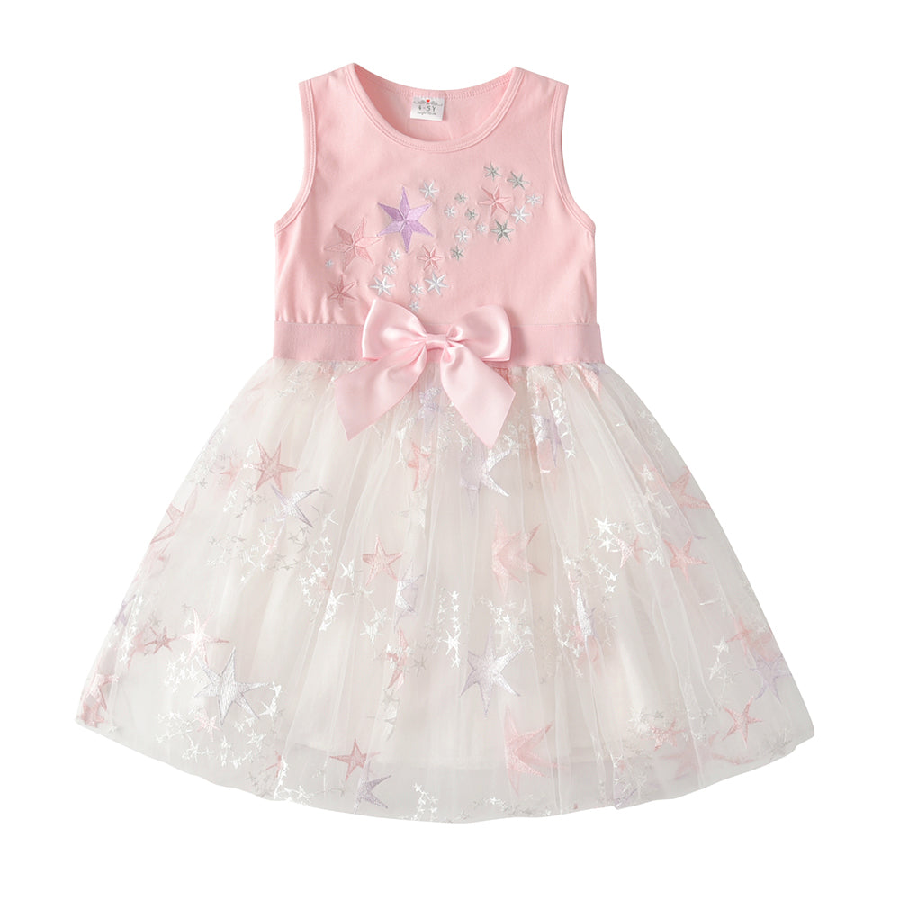 2Y-8Y Girls Sleeveless Tutu Dress Embroidered Star Pink Sparkle Star Tulle Dress