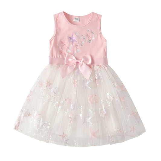 2Y-8Y Girls Sleeveless Tutu Dress Embroidered Star Pink Sparkle Star Tulle Dress