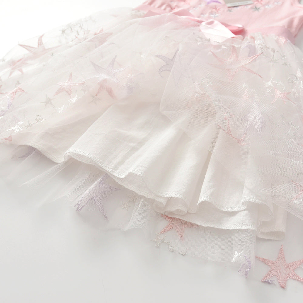 2Y-8Y Girls Sleeveless Tutu Dress Embroidered Star Pink Sparkle Star Tulle Dress