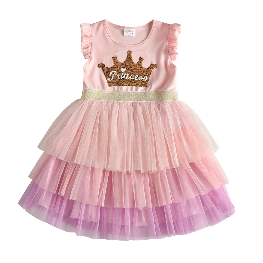 Princess Crown Beads Tutu Toddler Summer Girl Dress Layered Party Dress for 3-8T