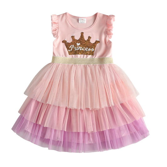 Princess Crown Beads Tutu Toddler Summer Girl Dress Layered Party Dress for 3-8T