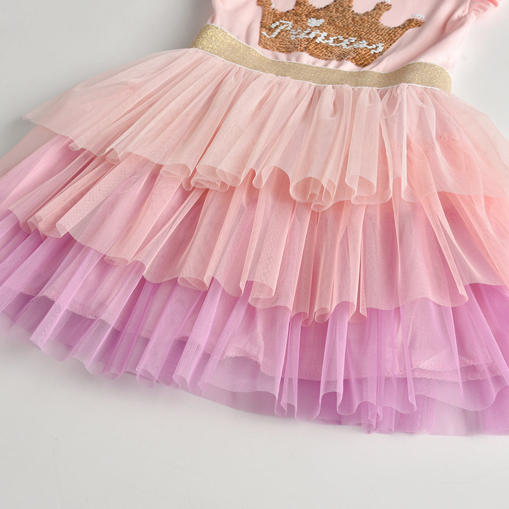 Princess Crown Beads Tutu Toddler Summer Girl Dress Layered Party Dress for 3-8T