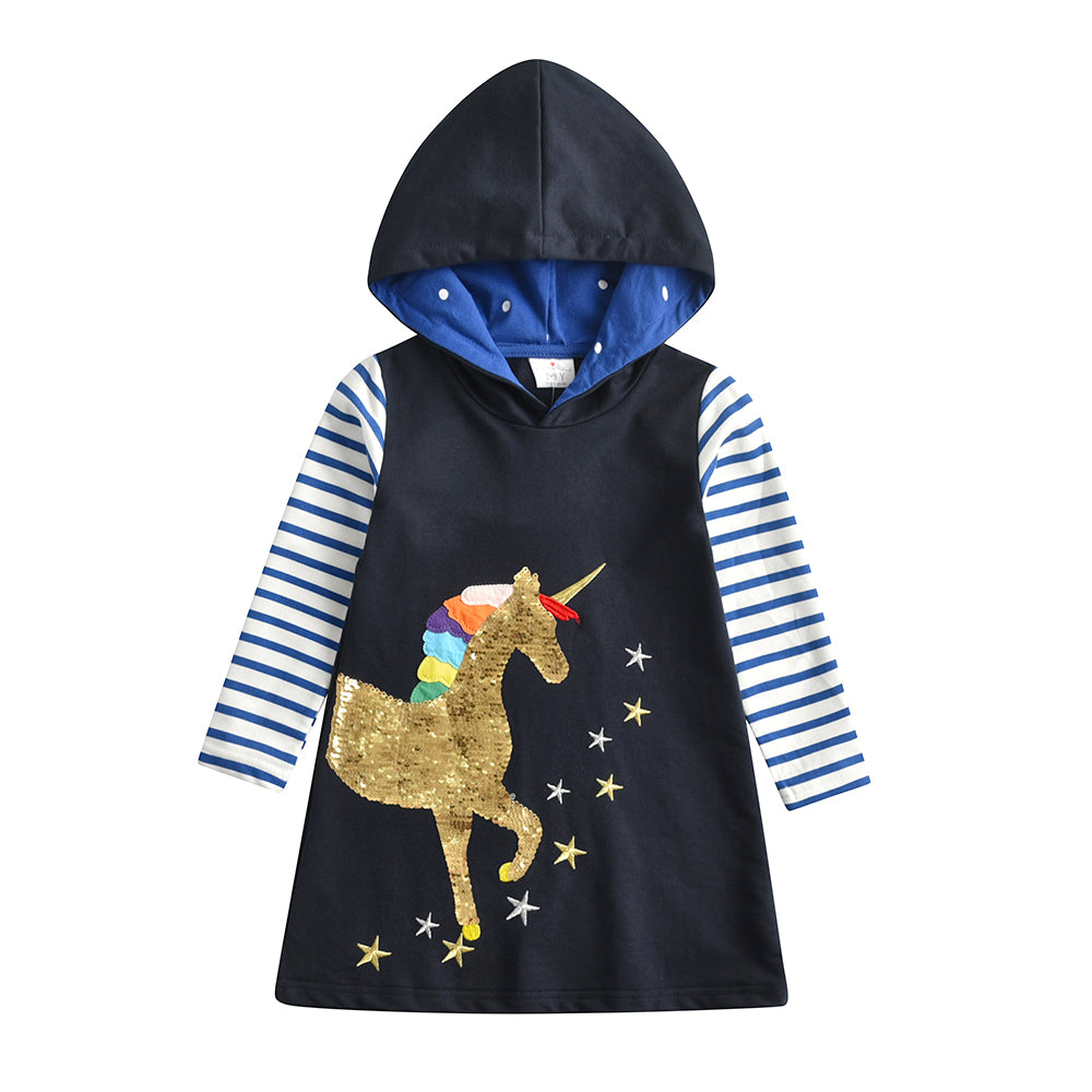 Vikita Unicorn Sequins Stripe Long Sleeve Blue Hooded Dress
