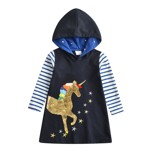 Vikita Unicorn Sequins Stripe Long Sleeve Blue Hooded Dress