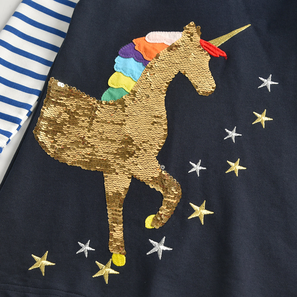 Vikita Unicorn Sequins Stripe Long Sleeve Blue Hooded Dress