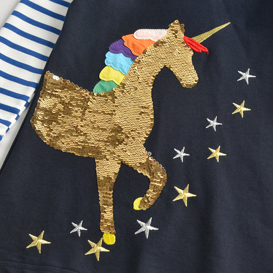 Vikita Unicorn Sequins Stripe Long Sleeve Blue Hooded Dress
