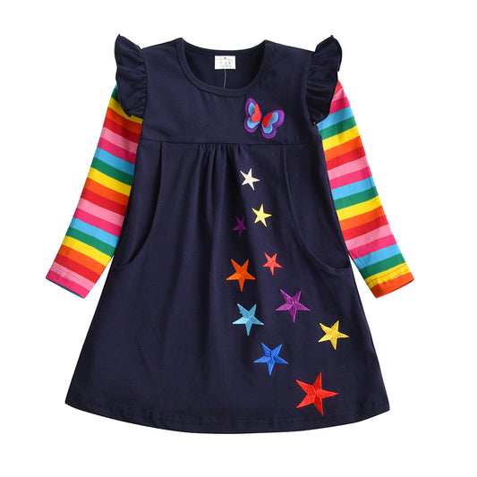 Colorful Star Butterfly with Rainbow Long Sleeve Cotton Girls Daily Casual Dress
