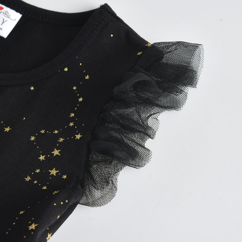 Star Moon Pattern Girls Toddler Summer Short Sleeve Tutu Dress