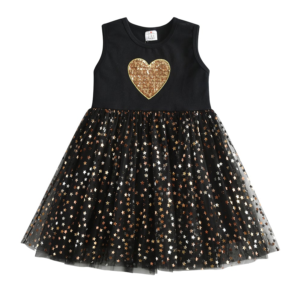2Y-8Y Girls Summer Dress Sparkle Sequins Love Heart Dress Sleeveless Tulle Tutu Dress