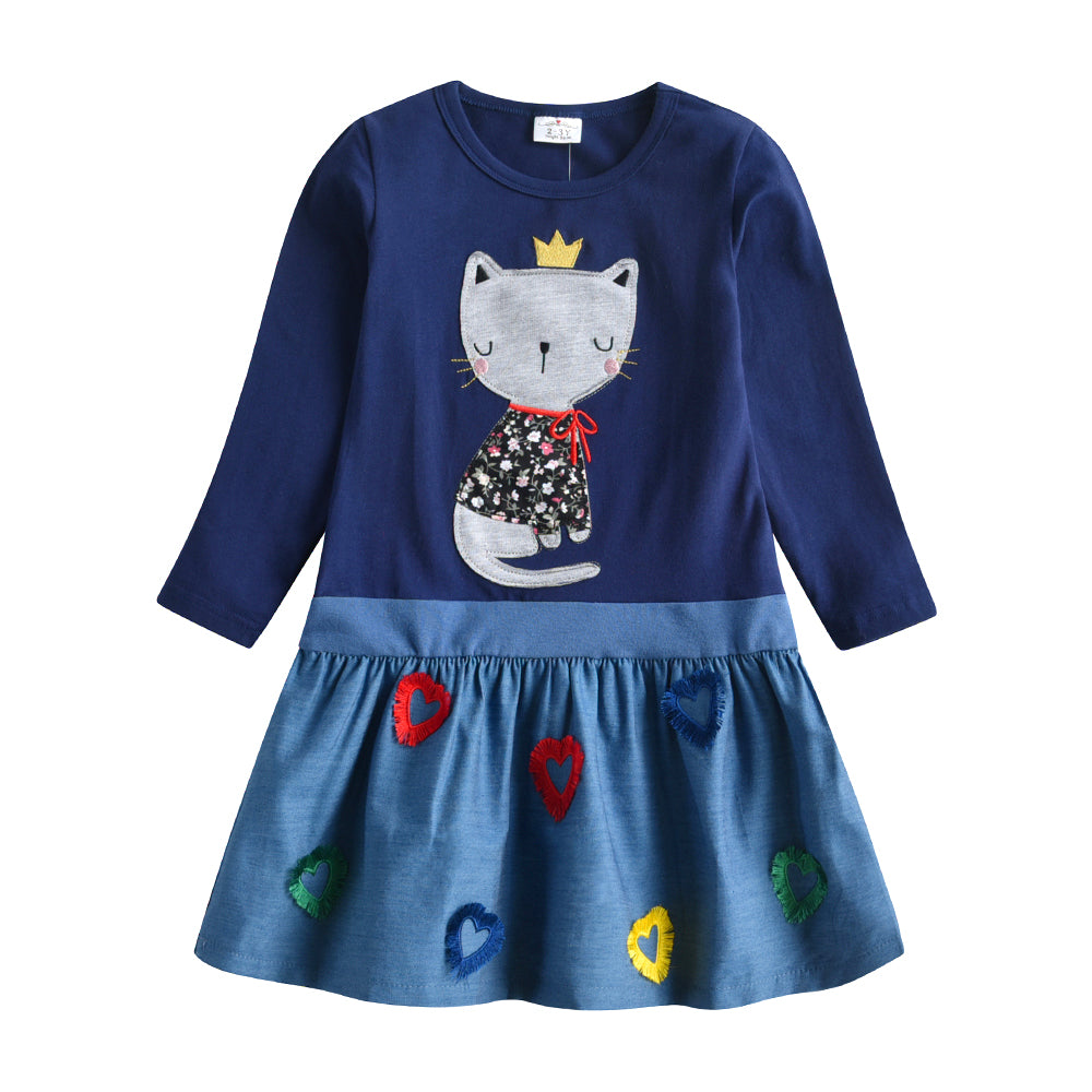 2-12Y Little Cute Cat Print Blue Long Sleeve Cotton Dress for Girls Toddler